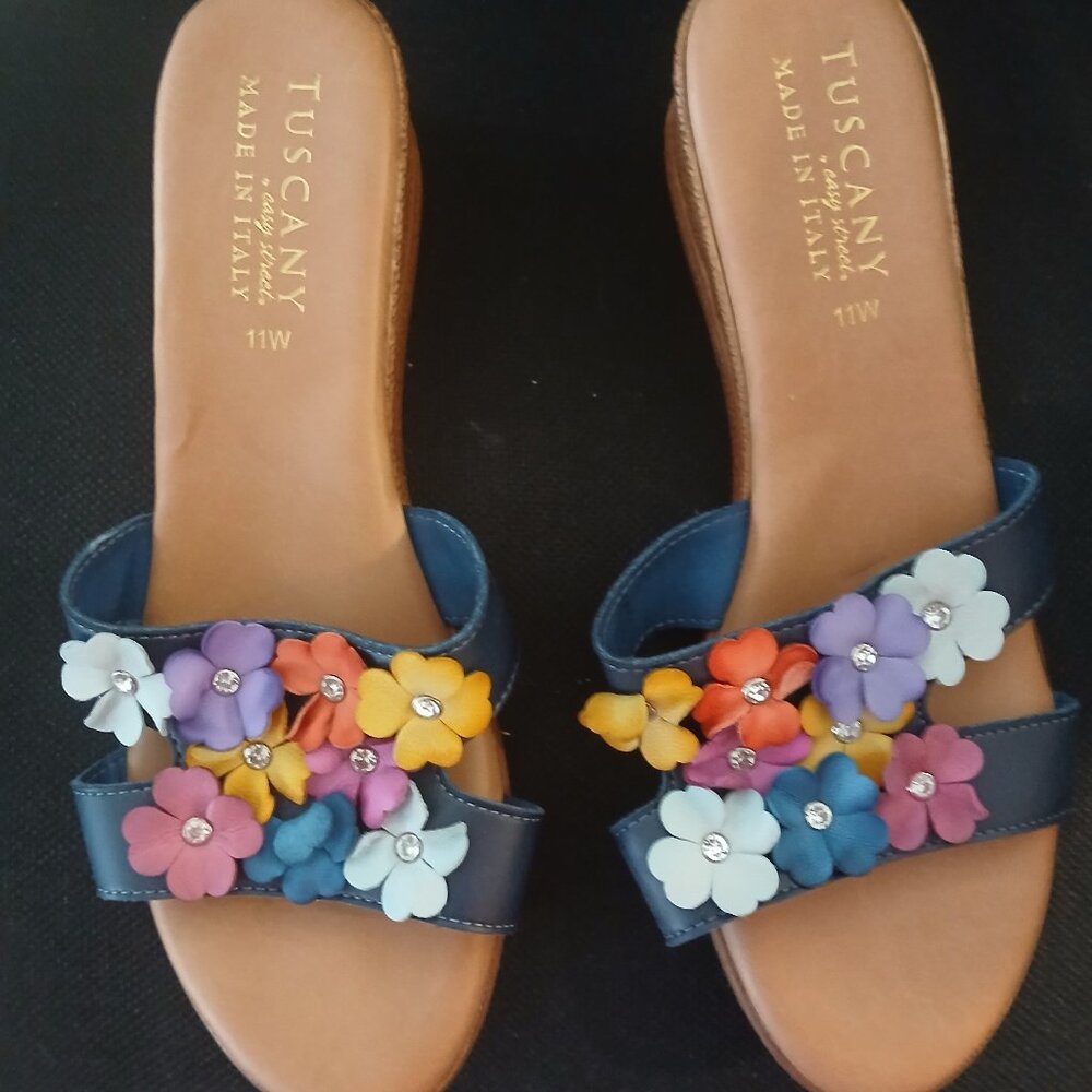 Lilla from Tuscany by Easy Street Women's Wedge Sandal in Navy Floral 11 Wide